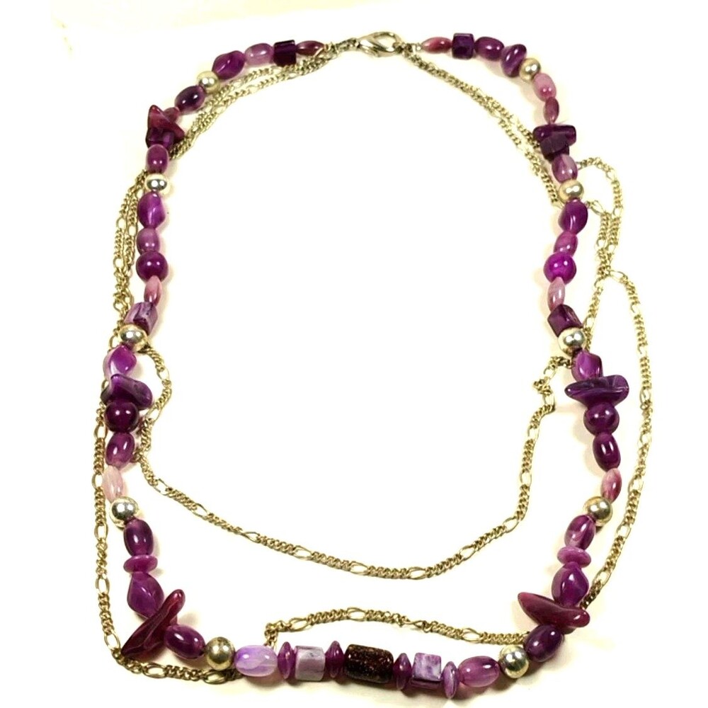 Multi-Strand Purple Beaded Necklace Adjustable Faux Stone Statement Jewelry